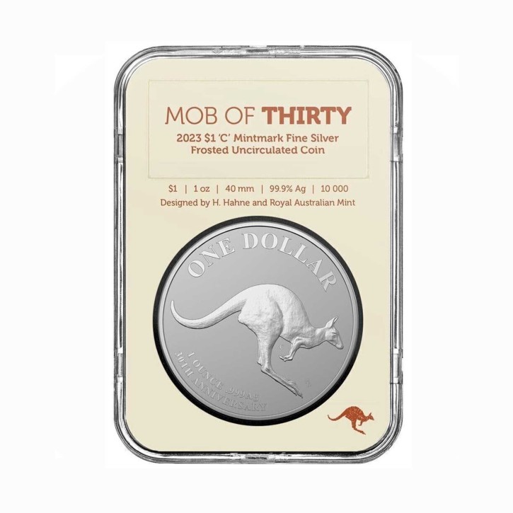 Australien $ 1 Silber Känguru RAM Mob of Thirty 2023 BU in Slab