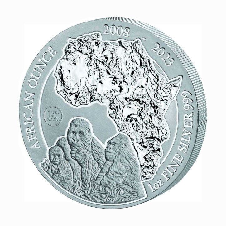 Ruanda 50 Francs 1 oz Silber African Ounce Berggorilla - 15 Jahre Jubiläum 2023 BU