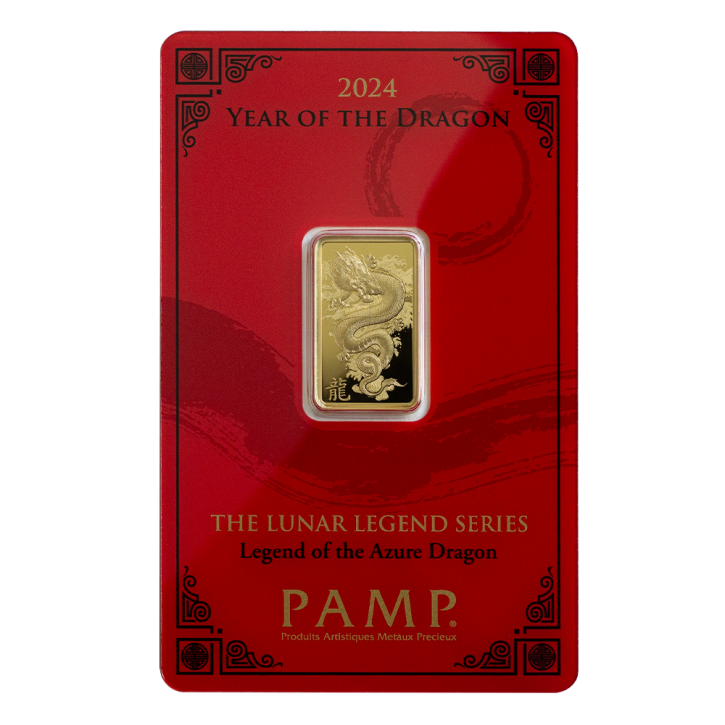 Goldbarren Lunarserie Pamp Suisse 5 g .9999 Gold Motiv Drache 2024