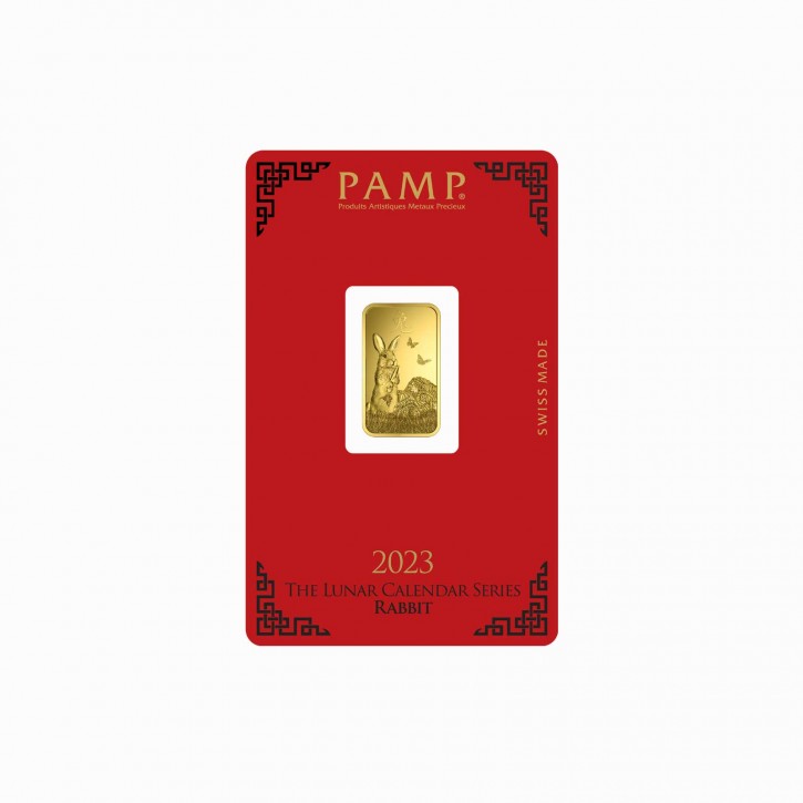 Goldbarren Lunarserie Pamp Suisse 5 g .9999 Gold Motiv Hase 2023