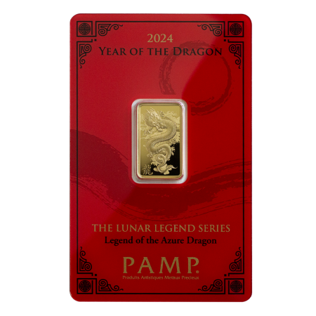 Goldbarren Lunarserie Pamp Suisse 5 g .9999 Gold Motiv Drache 2024